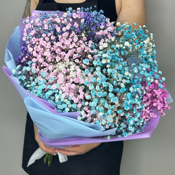 Букет живых цветов из разноцветных гипсофил 9 шт