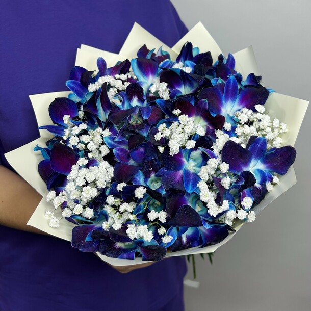 Букет живых цветов из космических орхидей 25 шт С гипсофилой